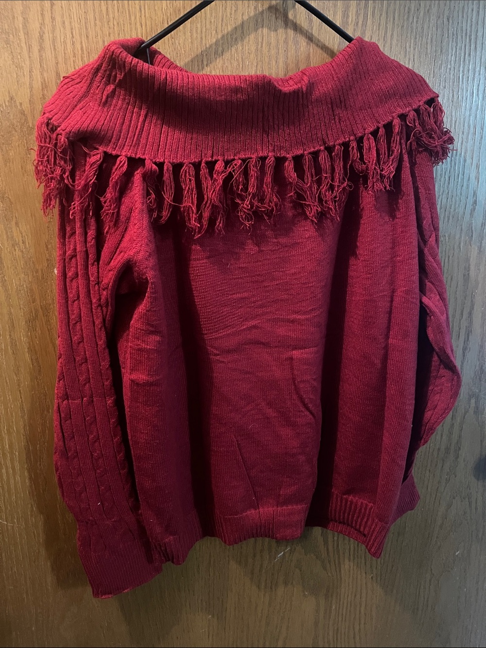 Fringed Off-Shoulder Knit Sweater - Burgundy